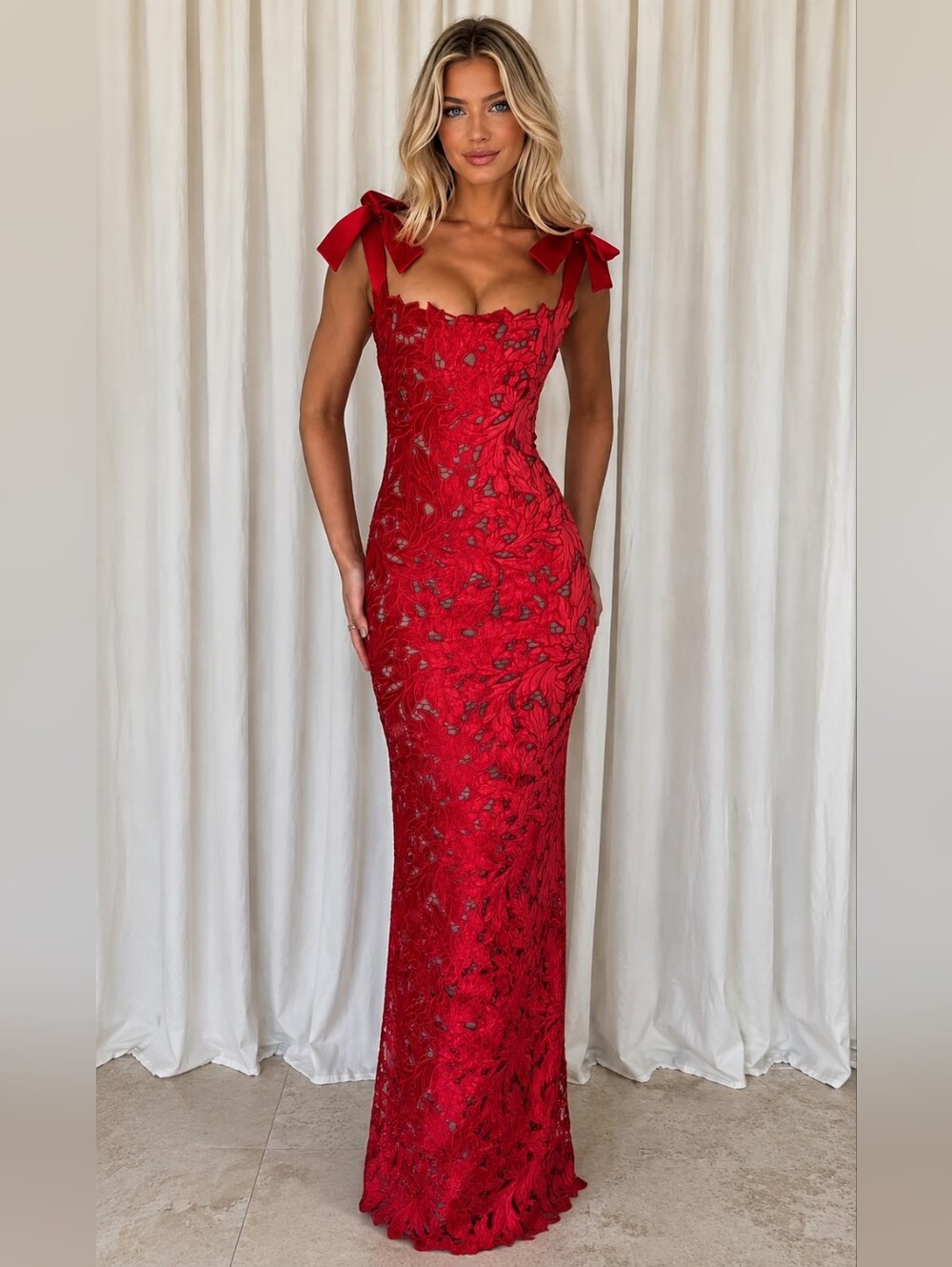 NWOT House Of CB Tiff XS Red Lace Bow Velvet Evening Gown Maxi Cherry Holly - Picture 2 of 7